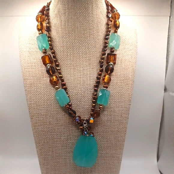 Jewelry - Venetian Beads, Brown Glass Beads, and Turquoise Colored Glass Necklace